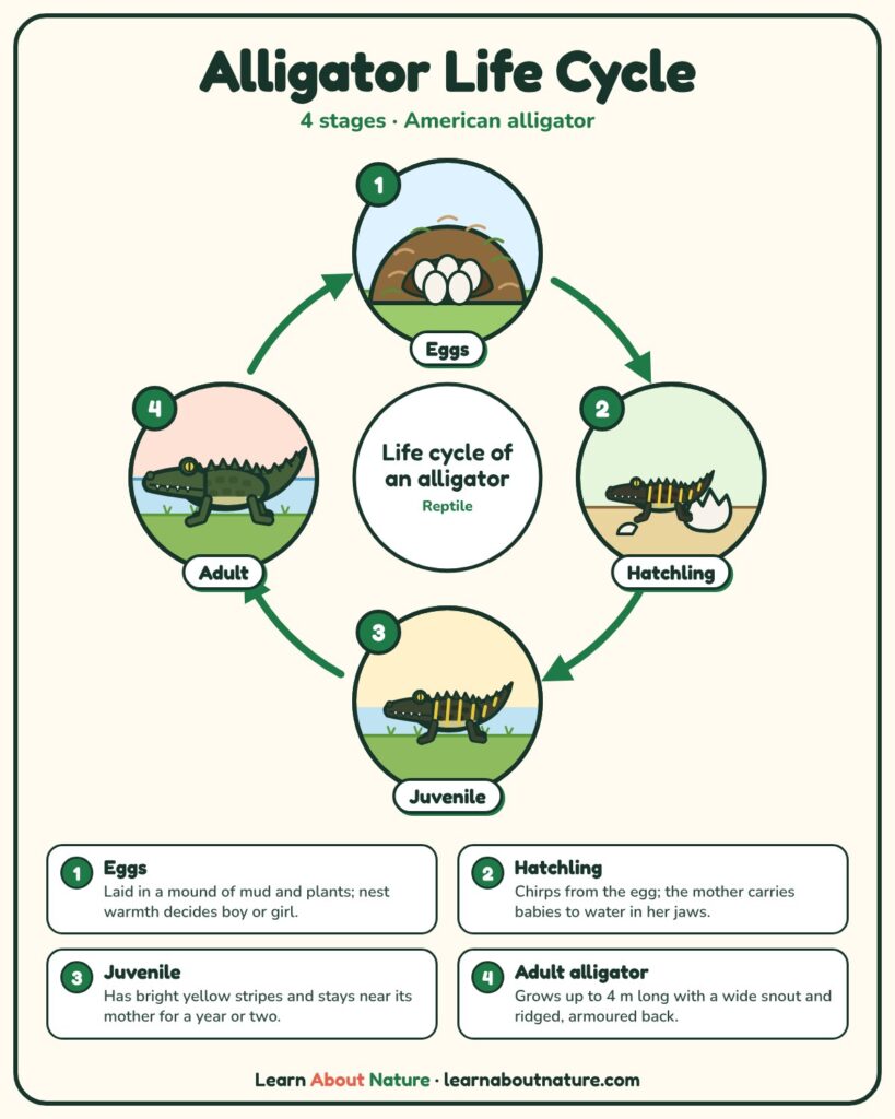 Alligator Life Cycle diagram showing eggs, hatchling, juvenile and adult alligator stages