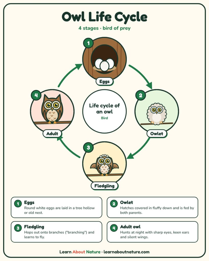 Owl Life Cycle diagram showing eggs, owlet, fledgling and adult owl stages