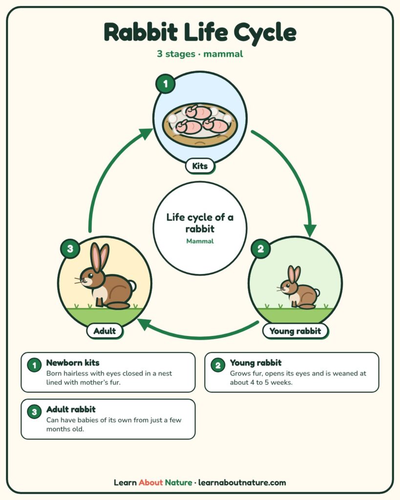 Rabbit Life Cycle diagram showing newborn kits, young rabbit and adult rabbit stages
